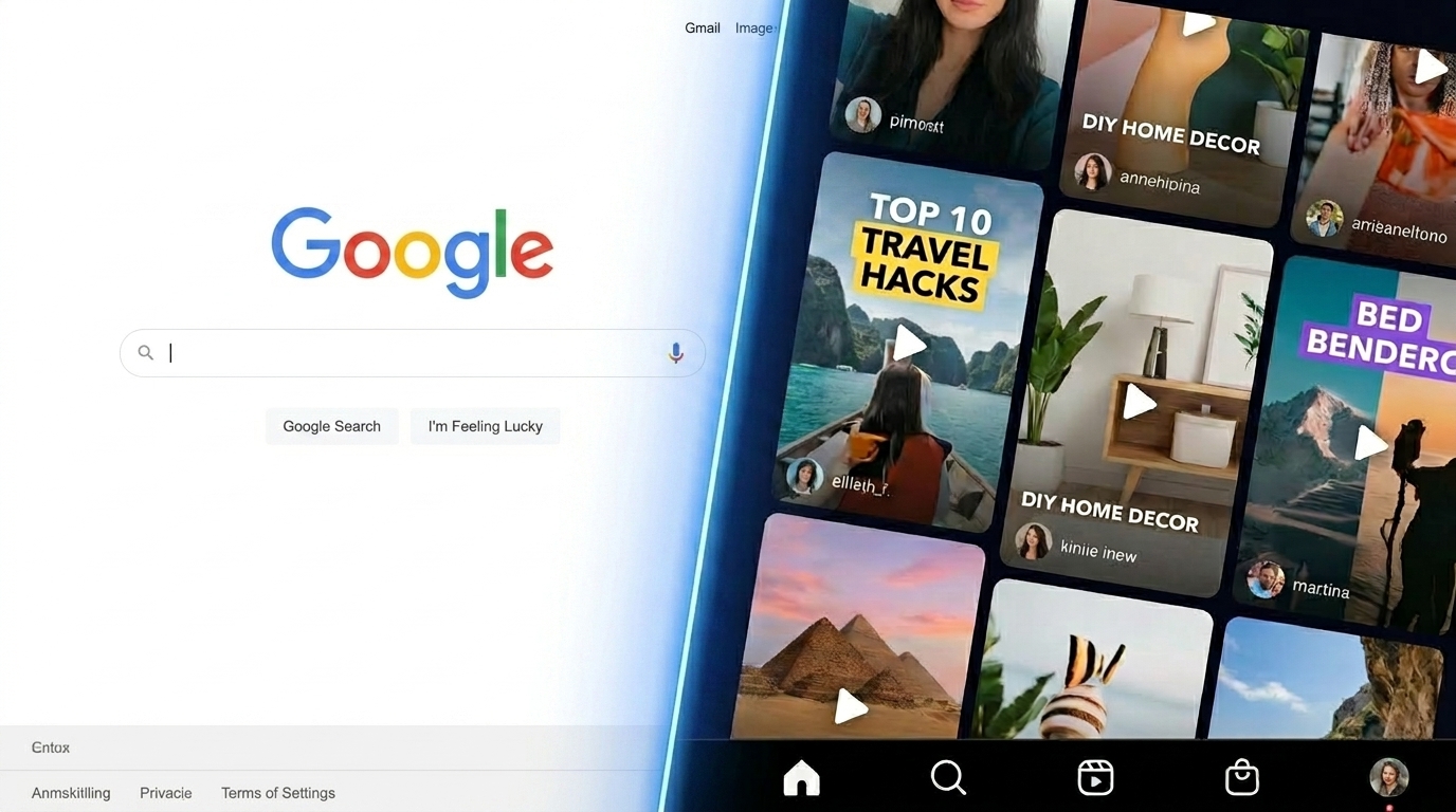 Graphic illustrating the shift from text-based search engines to visual social search.